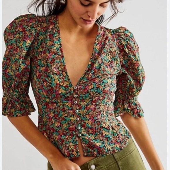 Free People I Found You Floral Blouse Top in Black Motif Size Small - Picture 1 of 5